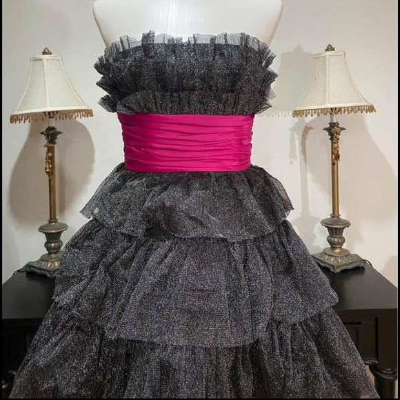 Vintage Betsey Johnson 90 2000 y2K ruffle glitter silk Full Tiered cupcake dress - Picture 6 of 17